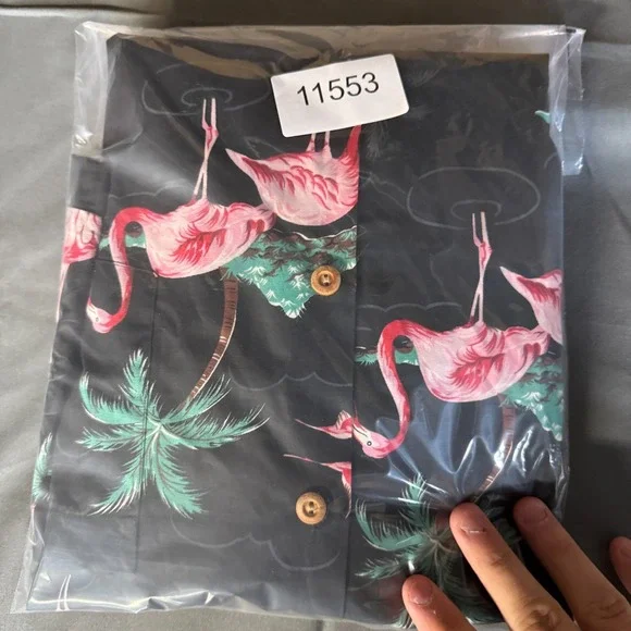 VTG Paradise Found Hawaiian Shirt Mens Large Black Flamingos Palm Trees Camp - Picture 7 of 7